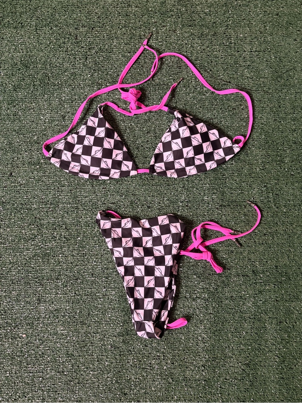 Pink Trim Black & White Checkerboard Triangle Chrome Hearts Bikini Womens Size M